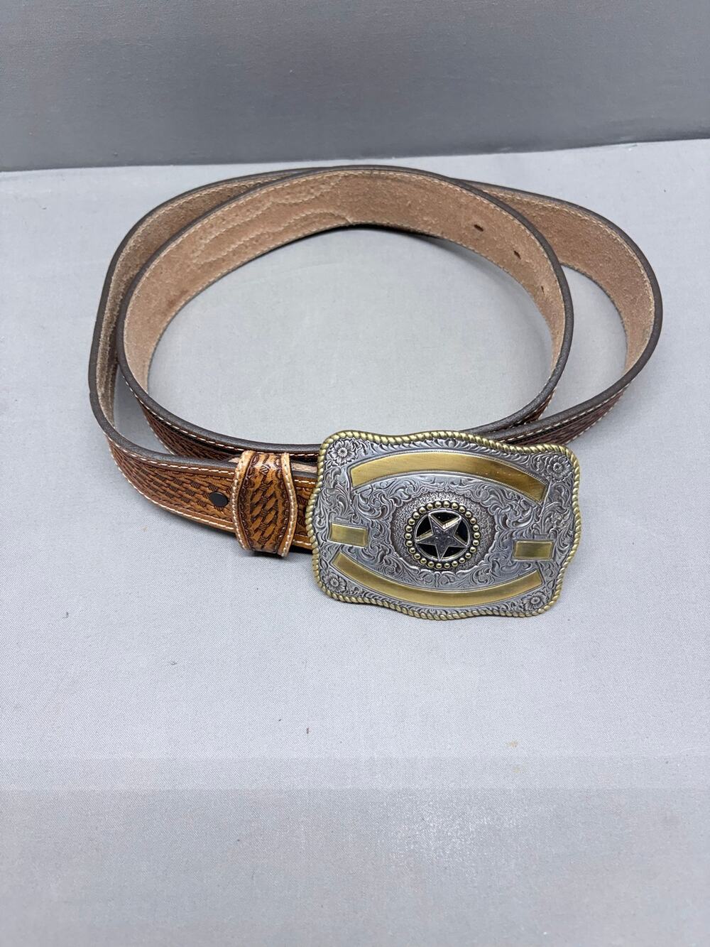 Tony Lama Ringo Leather Western Belt 44 Basketweave Studded Crumrine Texas Star